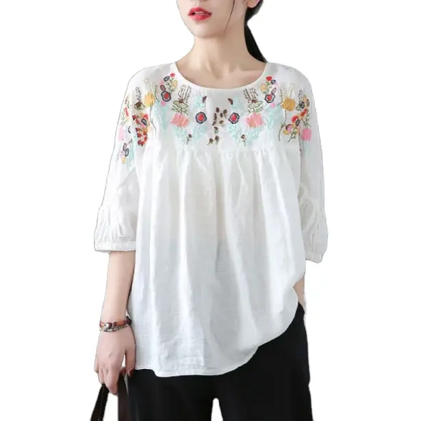 Camisa branca de algodão túnica vintage, roupas femininas bordadas de alta qualidade, plus size, casual
