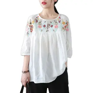 Witte Tuniek Katoenen Shirt Vrouwen Vintage Kleding Hoge Kwaliteit Borduurwerk Blouse Plus Size Dames Tops Casual