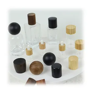 Custom glass perfume bottles lid candle bamboo cap diffuser aromatherapy wooden lids dropper bottle cover