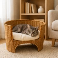 Panier pour animaux de compagnie en rotin PP brun, écologique, durable, tissé, ventilé, résistant aux griffures, facile à nettoyer, pour chatons et chats d'intérieur