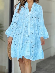 Dernière Collection <span class=keywords><strong>Robe</strong></span> d'Été <span class=keywords><strong>Chic</strong></span> pour Femmes, Décontractée Couleur Unie, Col en V Brodé, Creux, Ample en <span class=keywords><strong>Dentelle</strong></span> - Product Image 1