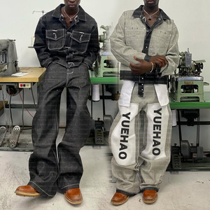 Completo Reversibile Personalizzato da Uomo Stile Hip Hop <span class=keywords><strong>in</strong></span> Cotone <span class=keywords><strong>Oversize</strong></span> Composto da <span class=keywords><strong>Giacca</strong></span> e Pantaloni <span class=keywords><strong>in</strong></span> Denim Selvedge Giapponese Grezzo - Product Image 1
