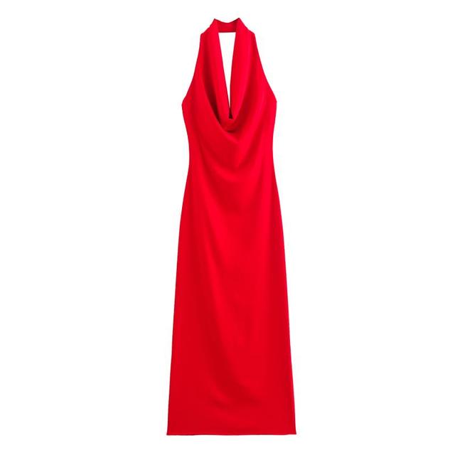 Back Slit Red Color Sleeveless Front Pleated Casual Fashion Ladies Long Halter Dress