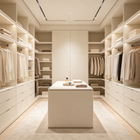 Dressing autoportant en U avec éclairage LED, étagères et tiroirs sans poignées, îlot central pour villa de luxe, dressing et salle à manger