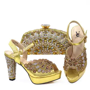 SN356 Sepatu Hak Tinggi Elegan Warna Emas, Tas Italia Set Sepatu Yang Cocok untuk Pesta Malam Wanita Afrika