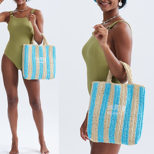 <span class=keywords><strong>2026</strong></span>年流行趋势定制徽标女式户外轻质沙滩草编包双手柄条纹中国制造编织手提包 - Product Image 6