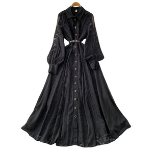 Abito con maniche a lanterna con risvolto ricamato in pizzo retrò per donna monopetto <span class=keywords><strong>grande</strong></span> gonna lunga altalena - Product Image 5