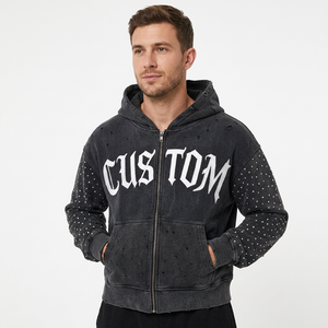 Sweat à capuche zippé personnalisé effet vieilli avec motif en strass, orange, épais, pour homme, style streetwear, en molleton, coupe oversize, déchiré, vierge - Product Image 1