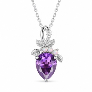 Pendentif Goutte d'eau en Améthyste, Argent Sterling 925 avec Perles d'Opale Naturelle, Monture Feuille de Vigne, Bijou Vintage pour Fête de Jardin - Product Image 1
