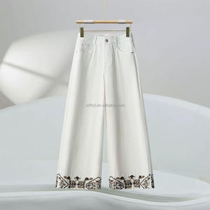 Jeans à jambe droite mi-taille pour femmes <span class=keywords><strong>avec</strong></span> broderie en coton - Pantalons amples décontractés extensibles à jambe large - Product Image 2