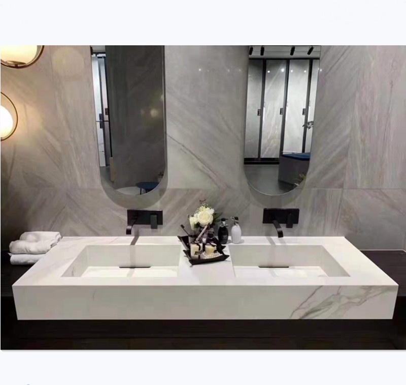 Modern unique designs artificial marble stone bathroom sink, double holes faucet sink, bathroom sink