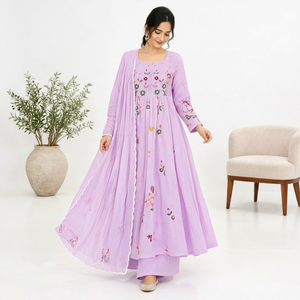 Ensemble Anarkali et Palazzo pour femme, violet, imprimé numérique, en coton, séchage rapide, style traditionnel indien/pakistanais, coupe ample, longueur ras du sol - Product Image 1