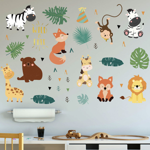 Pegatina de pared de animales del bosque para sala de estar, papel tapiz autoadhesivo de dibujos animados de zorro, mono, León, para dormitorio - Product Image 4
