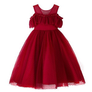 Girls' Tulle Polka Dot Maxi Dress O-Neck Ball Gown Princess Flower Girl Dress For Children Pink - Product Image 4