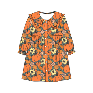 Preordine Vestiti per Bambine a Maniche Lunghe con Motivi Autunnali di Fiori e Zucche, Colletto Morbido ed Elastico, Abiti Personalizzati alla Moda per Bambini, Lunghezza al Ginocchio - Product Image 3