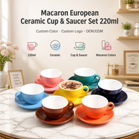 Lot de tasses à café expresso macaron 220 ml, style européen, en céramique, avec soucoupe, logo personnalisé OEM pour café et restaurant