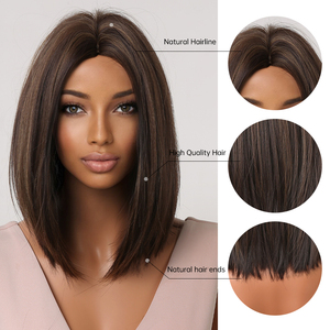 Peluca de cabello sintético <span class=keywords><strong>Afro</strong></span> para mujer afroamericana, cabellera artificial liso de fibra japonesa, color marrón oscuro y dorado, largo hasta los hombros, resistente al calor - Product Image 6