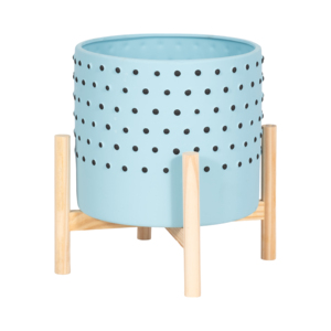 Vaso in ceramica con supporto in legno per uso interno ed esterno, azzurro con puntini neri, diametro 12 pollici - Product Image 3