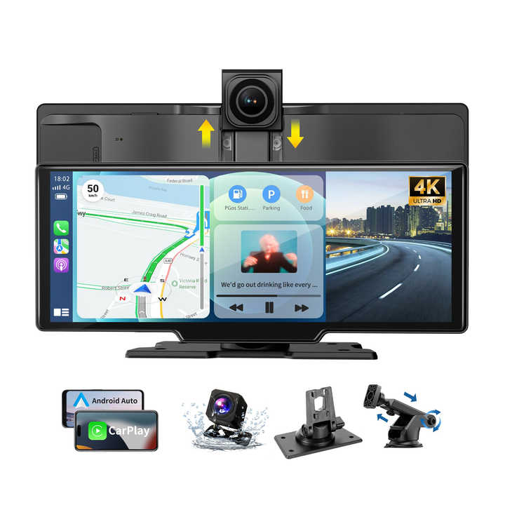 thumbnail image 2 of 10.26" Wireless Portable CarPlay Screen – Android Auto, 4K Dash Cam, 1080P Backup Camera, GPS, Touch Screen 2 of 10