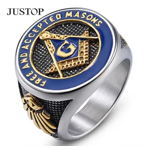 Erkek paslanmaz çelik Vintage mason masonik Biker yüzükler mavi ücretsiz ve kabul Masons bant yüzük