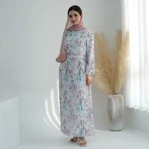 Sharut Wholesale Ramadan Dubai Modest Muslim Elegant Long Maxi Floral Print Pleated Chiffon Dress Abaya For Muslim Women Dress