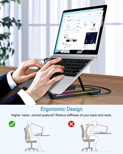 <span class=keywords><strong>Support</strong></span> de <span class=keywords><strong>portable</strong></span> pliable et réglable en ABS et silicone avec refroidissement <span class=keywords><strong>ventilé</strong></span> et lumières LED RVB pour bureau - Product Image 3