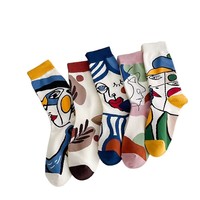 Chaussettes décontractées en polyester et coton respirant, motif peinture à l'huile, avec bordure en dentelle, pour homme et femme, usage quotidien printemps