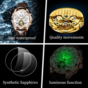 Montre homme OUPINKE 3291, luxe, tourbillon ajouré, mécanique, entièrement automatique, étanche, calendrier, chronomètre. - Product Image 6
