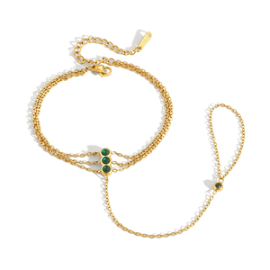 J&D Jewelry - Brazalete de Acero Inoxidable Chapado en Oro de 18K <span class=keywords><strong>con</strong></span> Circonita Verde, Cadena de Mano de Tres Capas, Anillo de Dedo, Brazalete para Mujer - Product Image 1