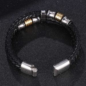 <b>Mens</b> Double-Row Braided <b>Leather</b> <b>Bracelet</b> Bangle Wristband With Stainless Steel Ornaments,Personality and Fashion Jewellery - Product Image 5