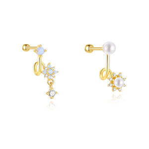 Pendientes de Plata de Ley 925 con Baño de Oro de 18K para Mujer, Diseño Floral con Bola Redonda en la Parte Posterior - Product Image 1