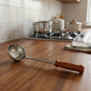 Cuchara de acero inoxidable con mango de madera, utensilio de cocina con tazón redondo - Product Image 3