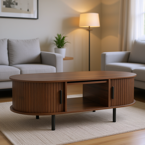 Table basse moderne du milieu du siècle, 48 pouces, en bois de noyer, avec portes coulissantes cannelées et compartiment ouvert, meuble de salon - Product Image 2