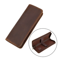 Vente en gros de haute qualité en cuir de vachette Crazy Horse boîte de papeterie portable à fermeture éclair étui à stylo en cuir cadeau