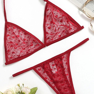 Soutien-gorge à bretelles croisées très demandé, lingerie trois pièces en maille transparente brodée de cœurs, disponible pour l'exportation. Livraison directe - Product Image 3