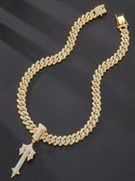 Collier pendentif épée en strass violet style hip-hop, maillons cubains de 15 mm de large, couleur noir glacé, accessoire de mode perlé pour les fêtes