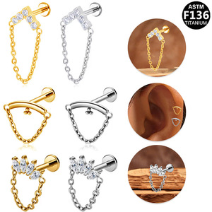 <b>Titanium</b> Ear Studs <b>Chain</b> Geometric Heart Shape Prong Setting Earring Gift ASTM F136 - Product Image 1