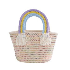 Bolso tote tejido con hilo de algodón arcoíris, bolso de playa versátil de paja con diseño de nube, cesta de cuerda de algodón, bolso de viaje para recuerdos - Product Image 4