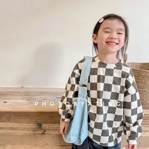 High quality Boutique Autumn Spring Sweet Linen Style Long Sleeves Children T shirt Girls plaid blouse tops