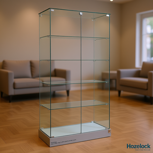 Vitrine Hozelock en verre trempé 93x46x180cm, portes battantes verrouillables, 4 étagères, base gris clair avec roulettes - Product Image 3