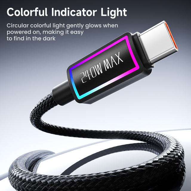Toocki High-Power 240W USB-C Cable Colorful Indicator Light & PD3.1 Protocol E-Marker Chip for Home Office