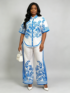 Nouvel <span class=keywords><strong>ensemble</strong></span> deux pièces printemps 26 : chemise ample à manches courtes et col rabattu, pantalon long, <span class=keywords><strong>grande</strong></span> <span class=keywords><strong>taille</strong></span>, en polyester avec impression par transfert thermique pour femme - Product Image 1