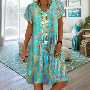V-<b>neck</b> Printed Casual Dress Loose Waist Short Sleeve Floral Pattern Daily Wear Summer Style <b>Light</b> Blue And Red - Product Image 3