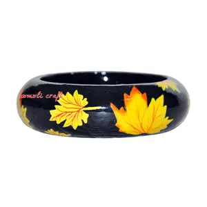 Handmade hand painted wooden bangle bracelet leaf design