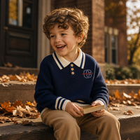 Suéter de Punto con Cuello Polo para Niños, Estilo Universitario, Cuello Camisero, Color Azul Marino, Edades 2-8, Personalizado OEM