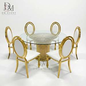 Mesa de Comedor Redonda Personalizada con Base de Acero Inoxidable Dorado y Diseño de Rayos de Sol, con Cubierta de Vidrio Templado Espejado - Product Image 2