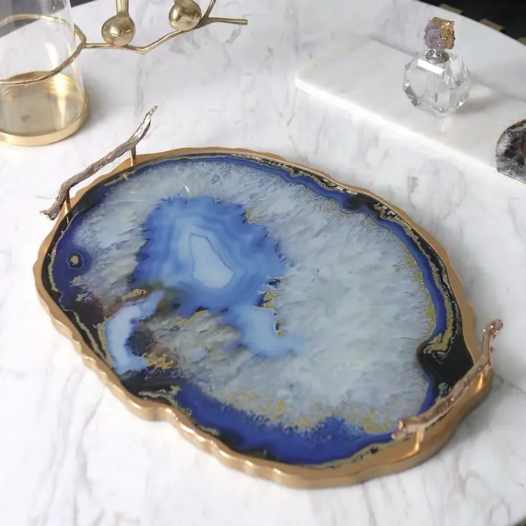 TOP1 Wunderschönes und Luxus-Gold-Luxus-Schale hochwertiges blaues Achatglas UV-druck dekorativer Serviertablett individuell