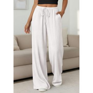 Pantalon palazzo pour femme, taille haute, jambes larges, cordon de serrage, fluide, pantalon de plage avec poches, tissu crêpe, respirant, style décontracté - Product Image 3