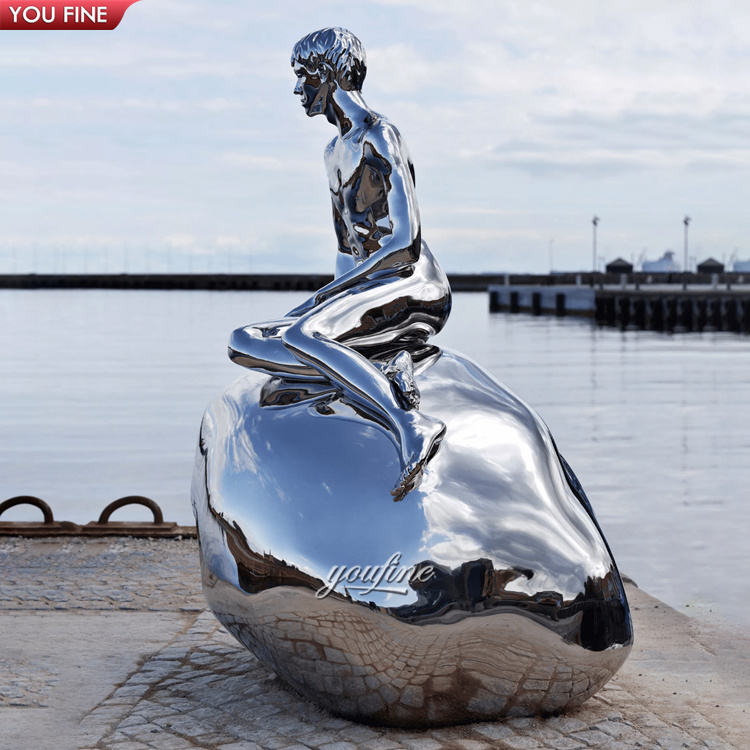 屋外桟橋 鏡面仕上げ金属フィギュア 人魚像 ステンレス鋼人魚彫刻