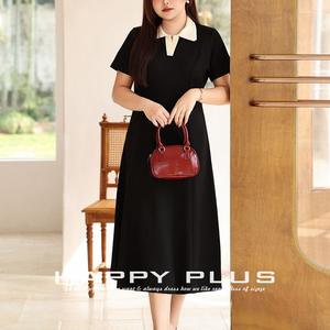 เดรสไหมพรมทรงเอไลน์สำหรับสาวอวบ สีดำ ยาว สีพื้น คอปกตัดสี คอปกพับลง เอวธรรมชาติ - Product Image 3